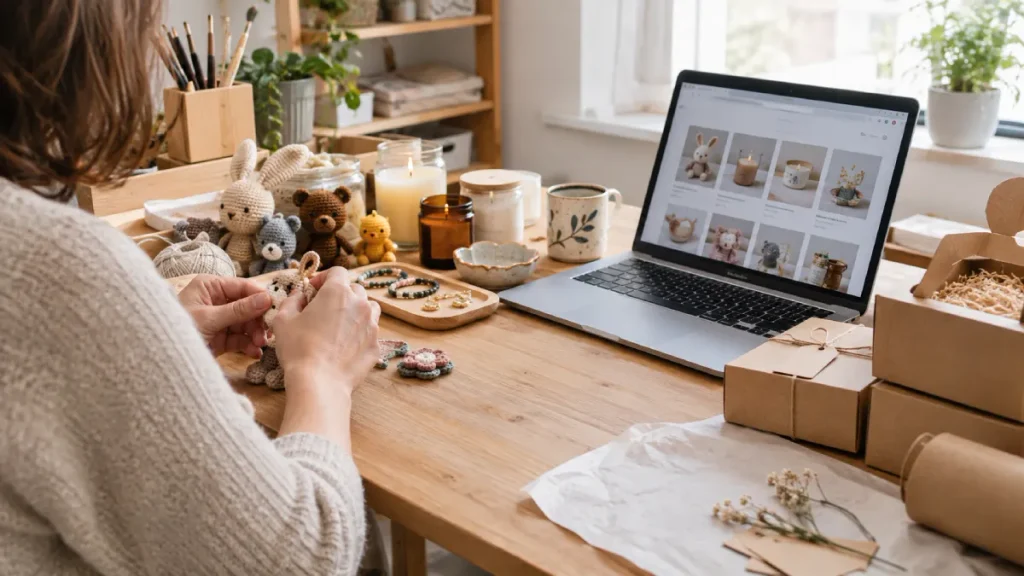 Emprendedora artesanal preparando productos para vender por Internet